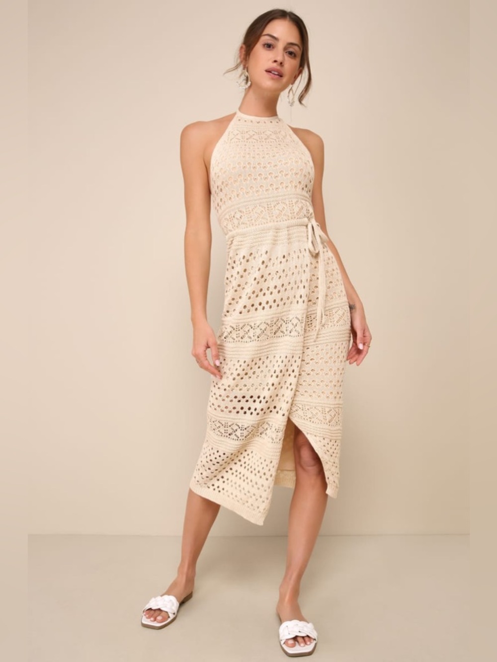 Lulus Blissful Strolls Beige Crochet Faux-Wrap Halter Midi Dress - Picture 3 of 8